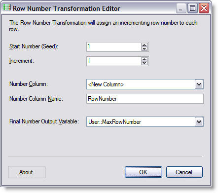 Row Number Transformation Editor dialog